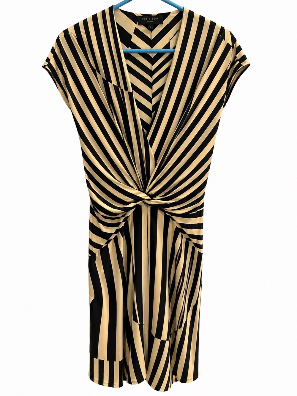 rag & bone Black and Cream Striped Twist-Front Dress - Size 0